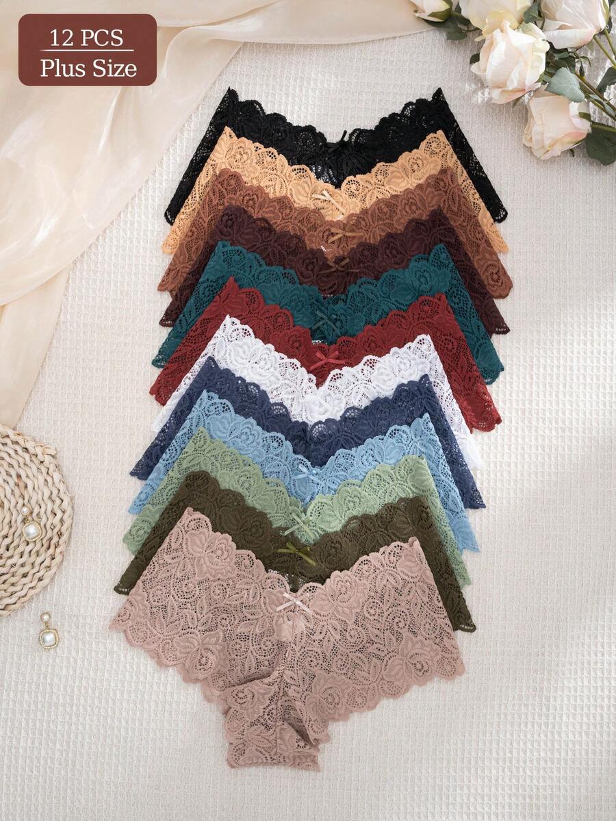 12pcs/Pack Plus Size Women's Sexy Lace Trim Bikini Panties