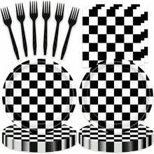 D48Pcs Race Car Checkered Birthday Party Decorations Car Themed Checkered Plates Napkins And Forks Party Plies Set For 16 Guests - Blackwhite - View 1