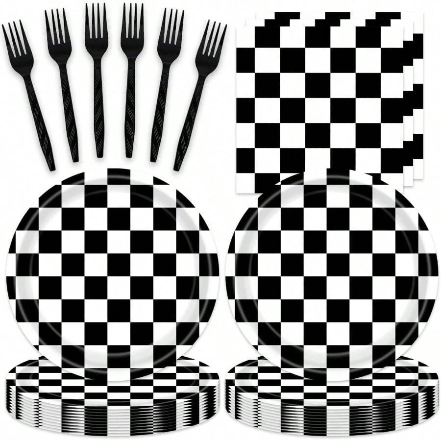 D48Pcs Race Car Checkered Birthday Party Decorations Car Themed Checkered Plates Napkins And Forks Party Plies Set For 16 Guests - Blackwhite - View 1