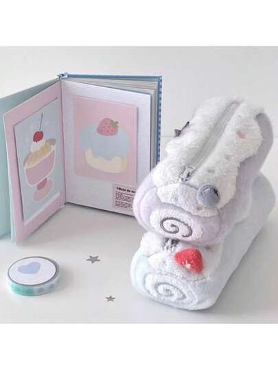 1pc Cream Swiss Roll Plush Pencil Case, Cute High-Quality Student Large Capacity Cake Stationery Storage Pouch, Desktop Organizer