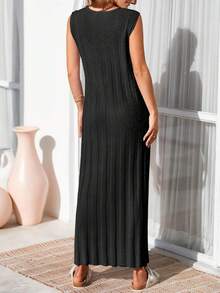 Womens Sleeveless Ribbed Tank Maxi Dress Summer Scoop Neck Knit Long Dress - 黑色 - 查看 2