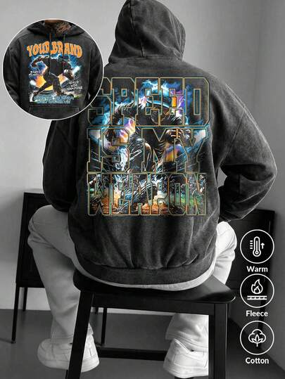 简约复古海报图案男士可水洗连帽衫和运动裤套装