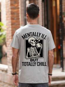 Krometka Men's Casual Versatile Minimalist Street Skull & English Slogan Print Short Sleeve T-Shirt - Grey - View 3