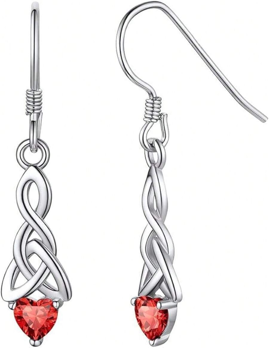 ChicSilver Sparkling Heart Birthstone 925 Sterling Silver Celtic Knot Dangle Hook Earrings (With Gift Box) - G:七月生辰石-人造紅寶石 - 查看 1