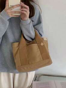 Large Capacity Canvas Tote Bag, Shoulder Bag With Multiple Compartments, Shopping Bag, Casual Art Canvas Bag - Grey - View 3