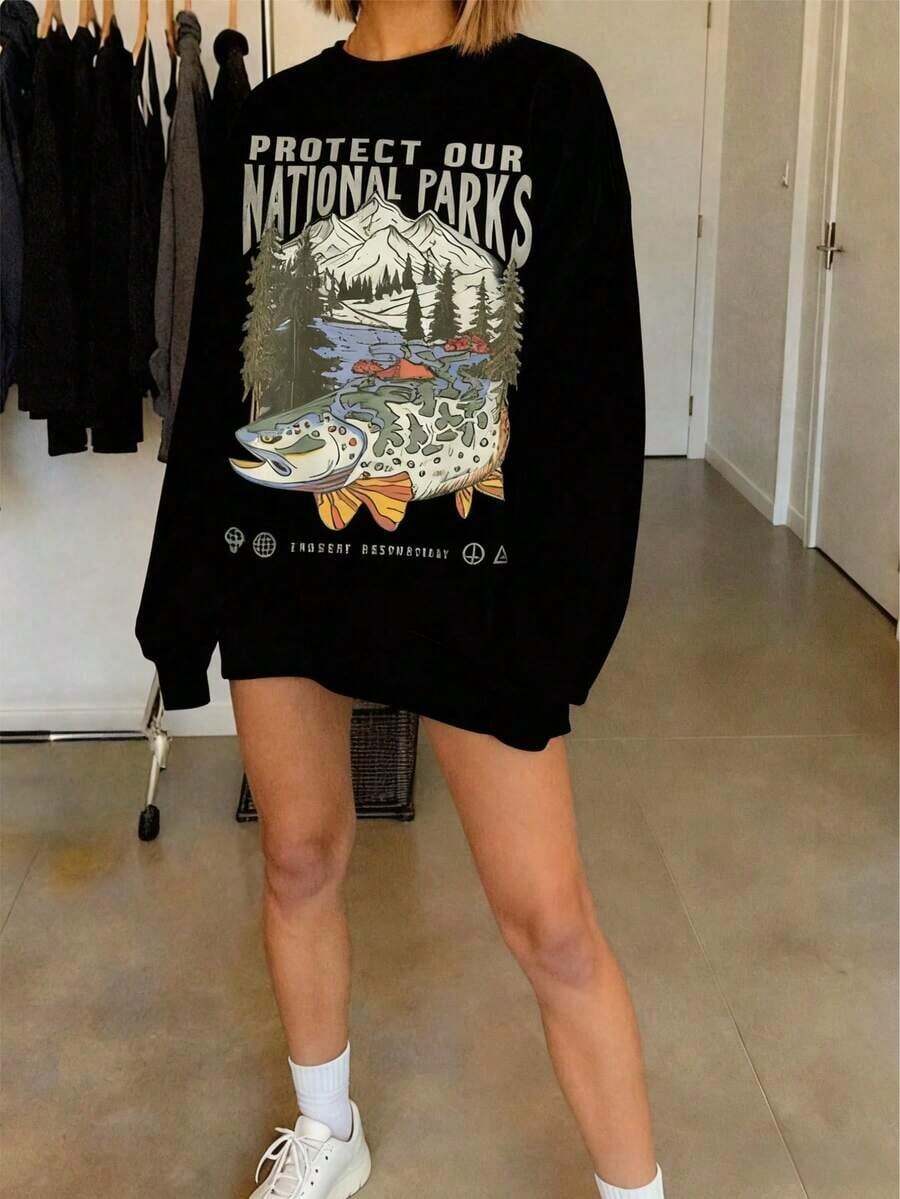 90s National Parks Unisex Sweatshirt Granola Girl Shirt Respect Local Wildlife Pullover Hiking Camping Clothes Wanderlust Shirt - 黑色 - 查看 1