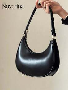 New Fashionable And Simple Crescent-Shaped Bright Surface Shoulder Bag, With A Distinctive Texture And Classic Look That's Suitable For Daily And Commuting Use, Detachable Shoulder & Crossbody Bag, Business Casual Women Bag, Perfect For Office, Business And Work, Japanese Bag, Vintage Bag For Women, Street & Japanese Bag For Women , Old Money - 黑色 - 查看 1