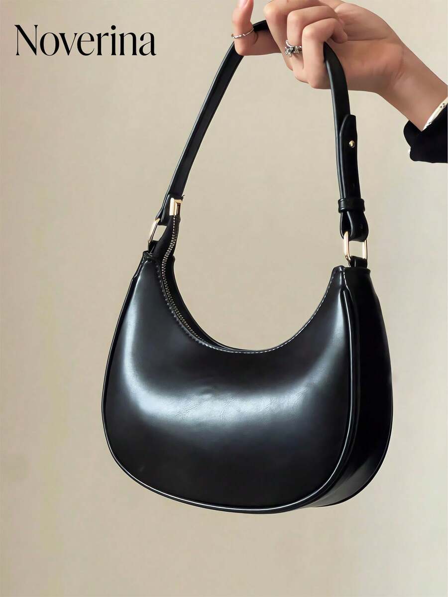 New Fashionable And Simple Crescent-Shaped Bright Surface Shoulder Bag, With A Distinctive Texture And Classic Look That's Suitable For Daily And Commuting Use, Detachable Shoulder & Crossbody Bag, Business Casual Women Bag, Perfect For Office, Business And Work, Japanese Bag, Vintage Bag For Women, Street & Japanese Bag For Women , Old Money - 黑色 - 查看 1