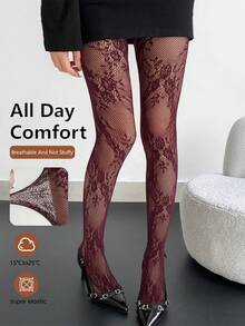 Vớ lưới màu đỏ rượu vang gợi cảm mới, chất liệu ren co giãn cao, đa năng, phù hợp cho các bữa tiệc cocktail, công sở và trang phục thường ngày. - Màu Đỏ Sâu - Xem 4