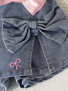 2pcs/Set Girls Cute Round Neck Bow Print Top + Fashionable Embroidered Bow Skirt Pants Outfit