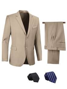 WindsorQuad 4-Piece Furuyal Men's Suit Set, Solid Color Design, Elegant Single-Breasted Slim Fit, Includes Suit Jacket, Trousers, Tie, Suitable For Weddings, Parties, Galas, Formal Occasions, Business, Champagne Color, Size XS-3XL - 香檳色 - 查看 2
