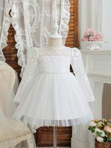 Baby Girl Long Sleeve Elegant Tulle Princess Dress Flower Embroidery Toddler Girl Specail Occasion Gown Perfect For Party, Wedding,Birthday - trắng - Xem 2