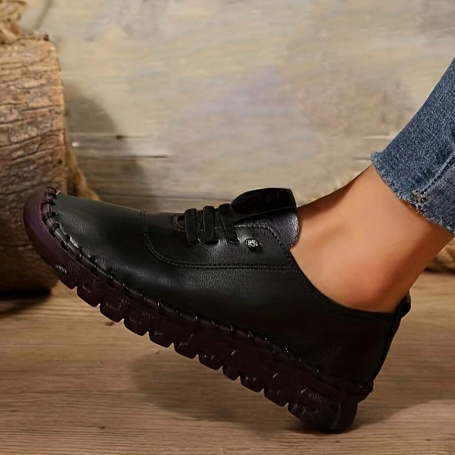Womens Shoes Travel Leather Soft Bottom Flats Non-Slip Mom Loafers Leisure Set Of Feet Breathable Round Toe Spring Fall Shoes Outdoor Office Work Walking - 黑色 - 查看 1