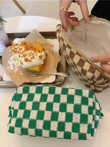 1pc Checkered Brown & Beige Octagonal Large Capacity Handheld Makeup Bag, Checkerboard Cosmetic Bag, Suitable For Wallet, Portable Zipper Makeup Pouch, Small Cosmetic Bag, Suitable For Travel Accessories, Coffee Color, Classic,Pouch,Makeup Pouch,Travel Essential - Multicolor - View 6