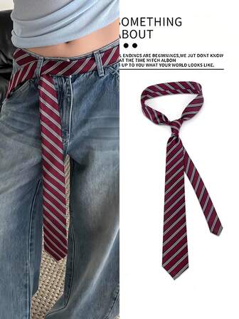 עניבה וחגורה מפוספסים בסגנון קולג' אמריקאי רטרו, אדום, אביזר עניבת צוואר רב-תכליתי יוקרתי חדש לשנת 2025