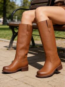 Women's Pull On Vintage Campus-Inspired Cowboy Boots Squared Toe Western Knee High Boots Fashionable Stacked Low Heels Booties - 棕色 - 查看 4