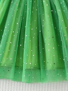 Girls St. Patrick's Day Casual Mesh Dress, Clover Print Green Mesh Long Sleeve Round Neck Princess Dress - Green - View 7