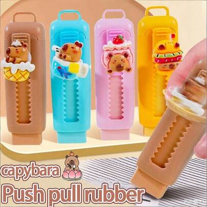 4pcs Cartoon Capybara Retractable Erasers Set, Cute Rubber Push-Pull Erasers For Drawing, Exams, Students, Back To School, Office Supplies