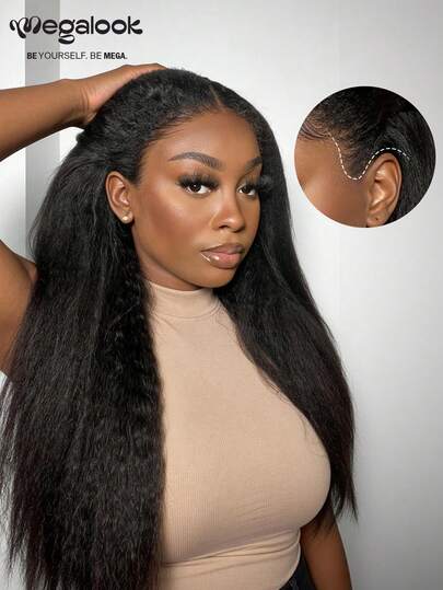 MEGALOOK Yaki Straight Hair Upgrade 13x6 Max Three-Go™ Glueless Wigs With Drawstring 100% Human Hair - Pre Cut Lace Ear-To-Ear Natural Hairline With Pre Plucked & Pre Bleached Tiny Knots Transparent Lace Front Wigs Put On Go Natural Black Straight Wig 180% Density - No Glue Needed Beginner Friendly Long-Lasting Lightweight Cap