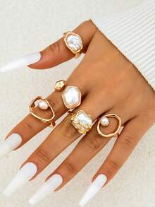 imoli 5pcs/Set Minimalist Chic Alloy Geometric Faux Pearl Inlaid Unique Design Women Jewelry Ring Set, Suitable For All Seasons Wear, Dating, Party, Gift - Multicolor - View 4