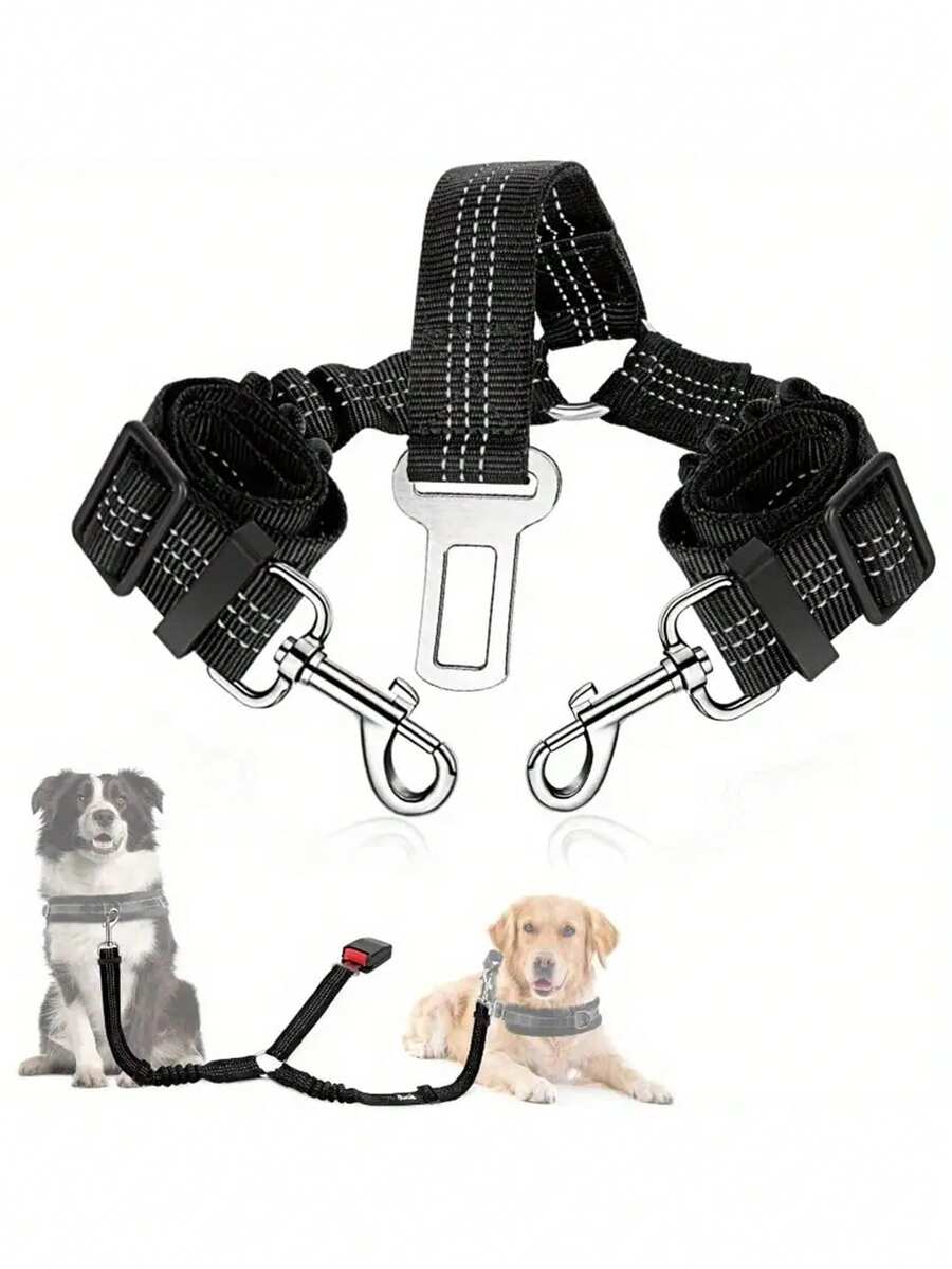 1pc Adjustable Dual Dog Safety Seat Belt With Elastic Protection And Shock Absorption Function, Pet Car Safety Leash, Durable Elastic Nylon Safety Belt, Keeping Your Beloved Dog Safer During Travel! Dog Outdoor Supplies - Multicolor - View 1