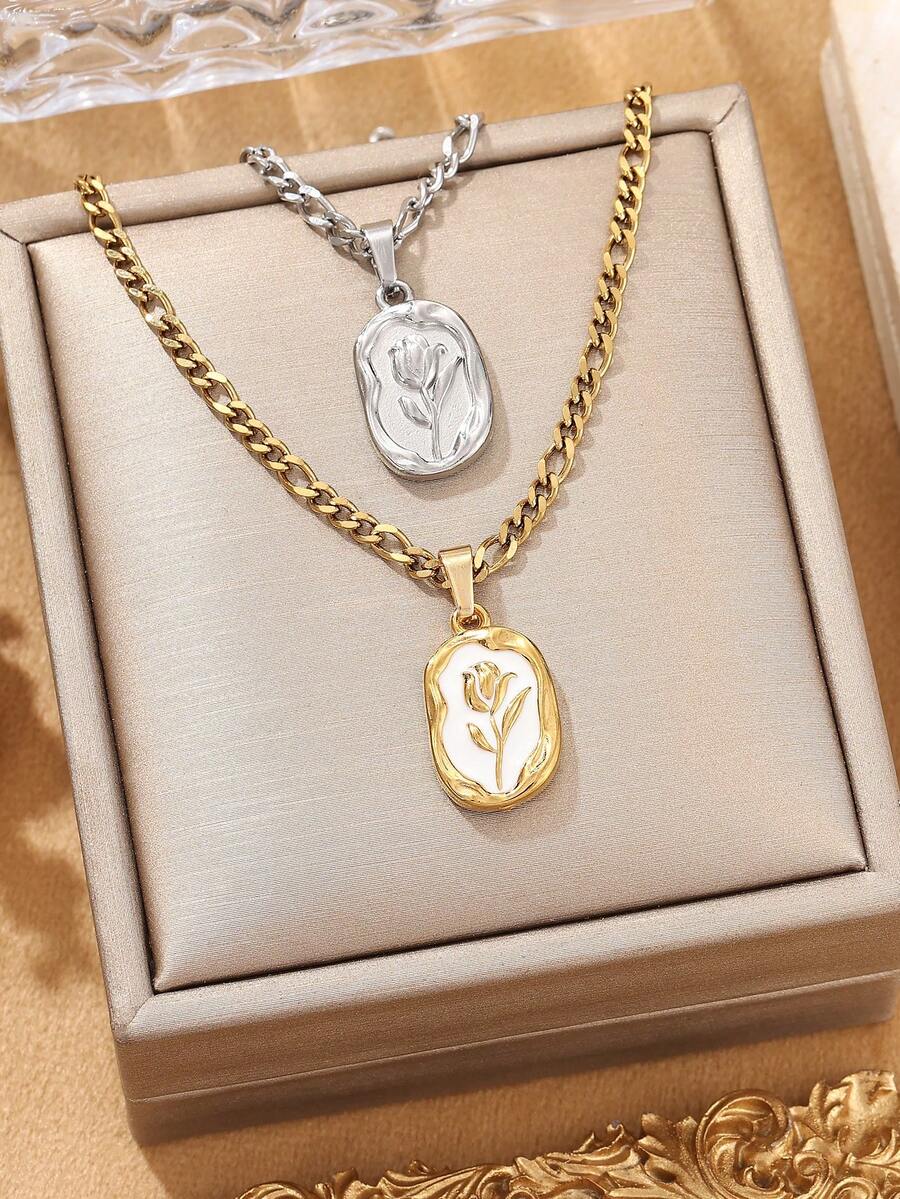 1件/2件装不锈钢简约金色/银色玫瑰吊坠项链，适合女士日常佩戴或作为礼物 - 金黃色 - 查看 1