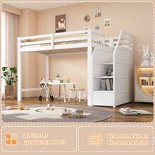 Hochbett, 90x200cm, Bett Mit Lattenrost (Ohne Matratze), Geländer, Verstaubare Stufen, Freier Raum Zum Verkleiden Nach Belieben, EN747 Zertifiziert, White - White - View 5