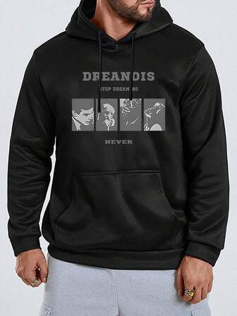 1개 유니섹스 플러스 사이즈 빈티지 스트리트 스타일 그래픽 프린트 플리스 안감 후드티, 가을/겨울 캐주얼 야외복