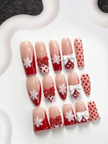 10片红色波点美甲贴纸，法式假指甲，雪花图案按压式美甲贴纸，红白蝴蝶结美甲装饰，柔雪系列美甲贴纸，包含美甲工具（1片果冻贴纸+1个指甲锉），三种尺寸可选：杏仁形、鸭嘴形、棺材形，适合日常通勤、重要场合、派对、冬季、婚礼等。手工按压式美甲贴纸。 - 彩色 - 查看 1