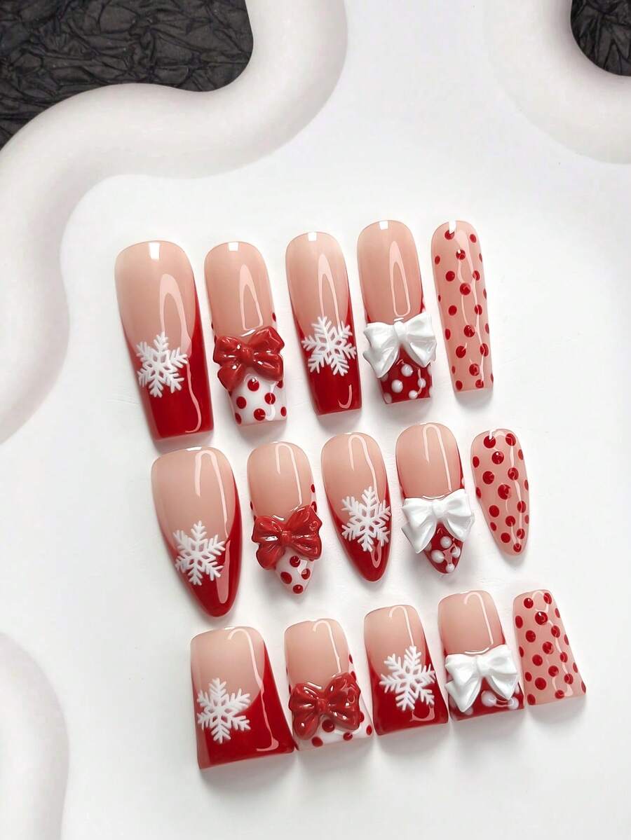 10片红色波点美甲贴纸，法式假指甲，雪花图案按压式美甲贴纸，红白蝴蝶结美甲装饰，柔雪系列美甲贴纸，包含美甲工具（1片果冻贴纸+1个指甲锉），三种尺寸可选：杏仁形、鸭嘴形、棺材形，适合日常通勤、重要场合、派对、冬季、婚礼等。手工按压式美甲贴纸。 - 彩色 - 查看 1