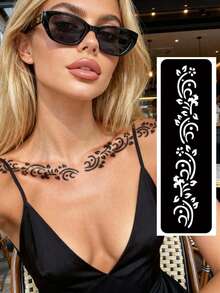 Hana Hand Drawn Tattoo Hollow Template Minimalism Hana Bride Elegant Lace Mandala Flower Pattern Sticker Suitable For Hands, Feet, Shoulders, Neck, Collarbone Semi Permanent Fake Tattoo Sticker 1 Pack - Black - View 6