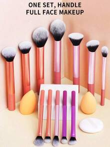 12pcs Multi-Functional Makeup Brush Set Including Powder Brush, Blush Brush, Foundation Brush, Eyeshadow Brush, Blending Brush, Contour Brush, Along With An Oblique Cut Makeup Sponge, Rounded Makeup Sponge, And White Powder Puff,Summer Style, Back To School - 彩色 - 查看 3