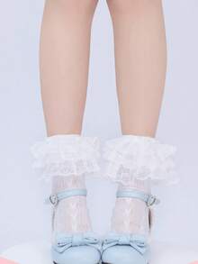 1 双女士可爱蕾丝荷叶边蝴蝶结设计三层袜子，日式情人节 - 白色 - 查看 11