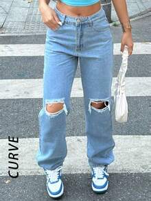 大码女式 Y2K 膝盖破洞修身直筒锥形牛仔裤妈妈牛仔裤