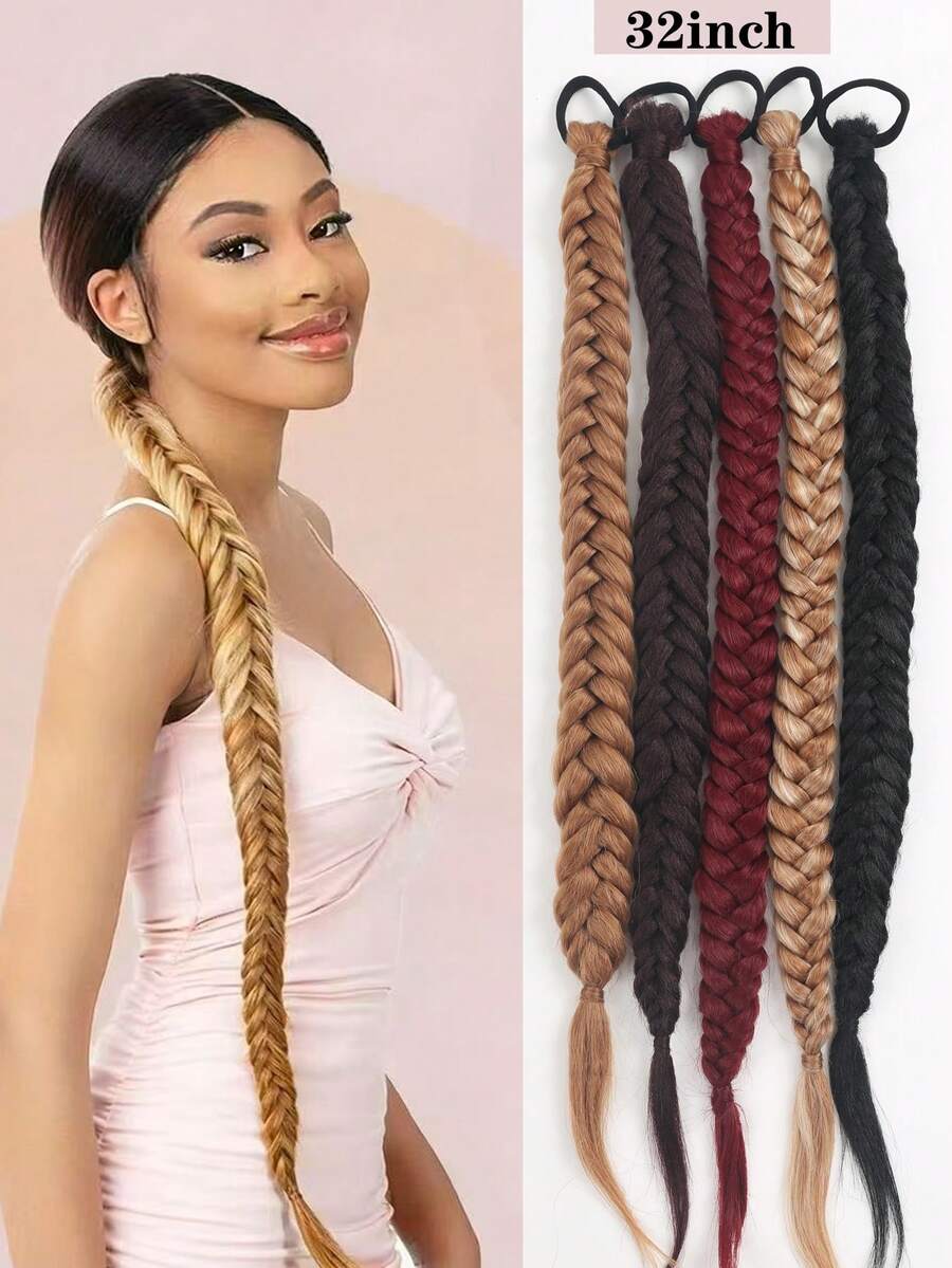 32英寸单件手工编织鱼骨辫长马尾假发，采用高温纤维制成