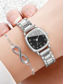 Set de 2 relojes de cuarzo casuales para mujer con esfera cuadrada y pantalla numérica + pulsera en forma de ocho - Plateado - Ver 2