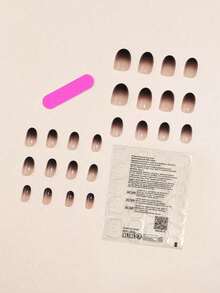 万圣节美甲套装，欧美风格，24片裸色短椭圆形按压式美甲贴片，裸色到黑色扎染渐变日式假指甲，包含美甲工具、1张美甲贴纸和1瓶果冻胶 - 黑色 - 查看 3