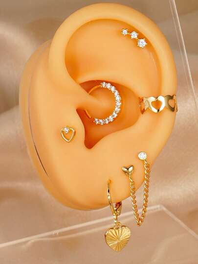 6件套立方氧化锆镂空心形吊坠耳环套装，多层可叠戴耳钉，适合日常、约会、派对等场合佩戴。