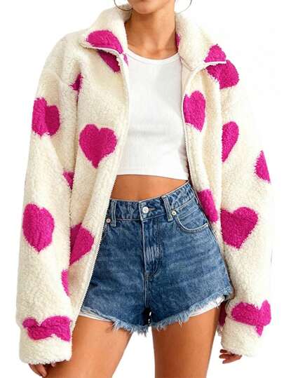 Women's Heart Print Jacket - Valentine's Day Long Sleeve Zip Up Coat  Casual Loose Fit Fuzzy Outerwear, HeartJacket, ValentineOutfit, FuzzyCoat, ZipUpJacket, LongSleeveCoat, LooseFitJacket, CasualOuterwear, CuteJacket, HolidayFashion, GiftForHer, WinterCoat, PlushJacket, CozyCoat, TrendyJacket, StatementCoat, SheinCanada, ValentineGift, LoveTheme