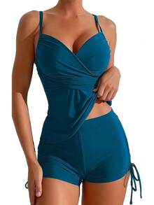 Bikini de Mujer de 2 Piezas Top Tipo Tankini con Shorts Deportivo,Escote en V,Tirantes Ajustables,Abdomen,Traje de Baño para Playa - Azul - Ver 14