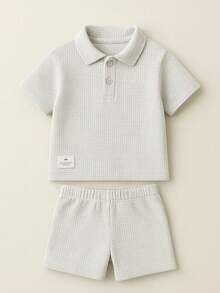 Boys' 2-Piece Summer Set – Textured Polo Shirt + Stylish Bermuda Shorts (Ages 1-8) - 淺灰色 - 查看 3