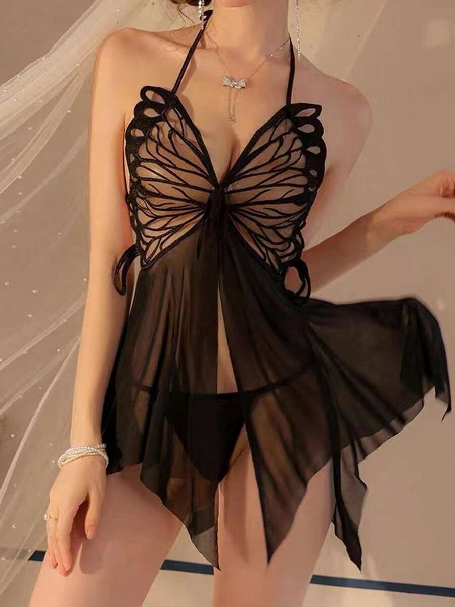 Ning xue yan ying 2 件套性感女士内衣套装 - 透明网眼吊带露背蝴蝶睡衣，配有吊袜带和丁字裤，适合狂欢、外出