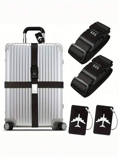 1 Set Cross Luggage Straps With Lock Adjustable Travel Suitcase Belts Suitcase Tags And Luggage Tag With Airplane Design For Suitcases Strap Travel Accessories,Adjustable Luggage Straps For Suitcases, Easy To Identify Travel Belt Connector Holds Suitcase Together, Extends Life Of Bag,Travel Luggage Strap Adjustable Suitcase Packing Belt With Combination Lock