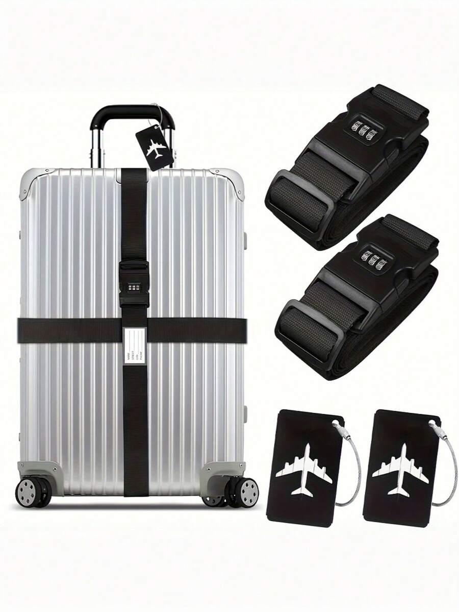 1 Set Cross Luggage Straps With Lock Adjustable Travel Suitcase Belts Suitcase Tags And Luggage Tag With Airplane Design For Suitcases Strap Travel Accessories,Adjustable Luggage Straps For Suitcases, Easy To Identify Travel Belt Connector Holds Suitcase Together, Extends Life Of Bag,Travel Luggage Strap Adjustable Suitcase Packing Belt With Combination Lock