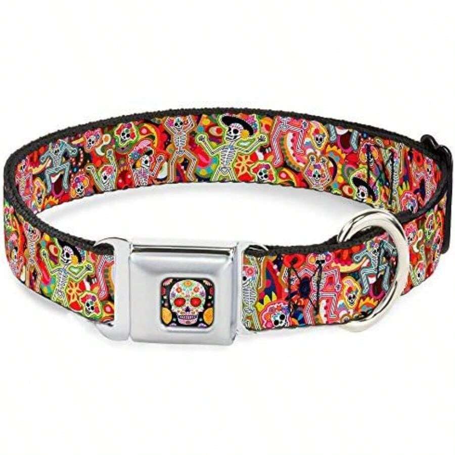 Buckle Down Seatbelt Buckle Dog Collar, ,(1.5" Wide - Fits 16-23" Neck - Medium Dancing Catrinas Collage Multi Color) - Multicolor - Ver 1