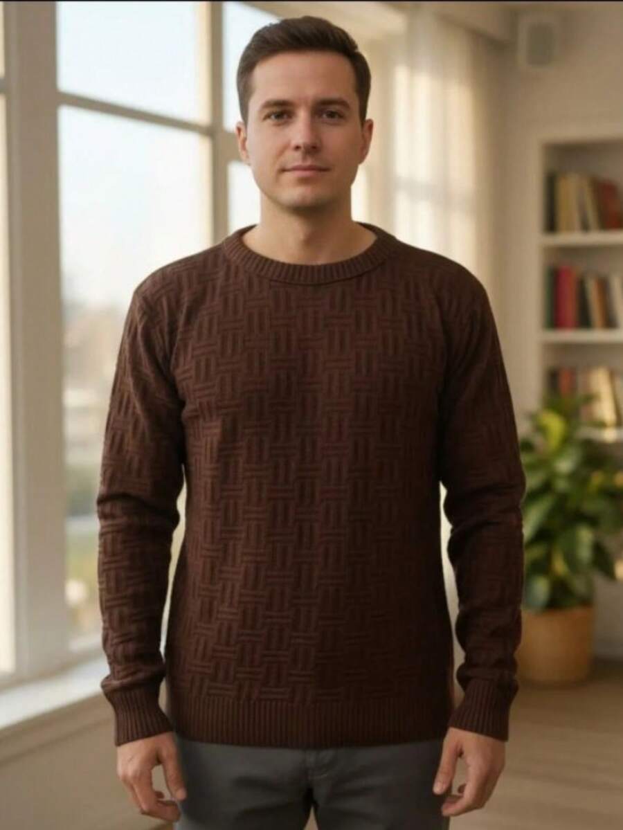 Men's Long Sleeve Knit Sweater For Winter 3D - Rust Brown - View 1