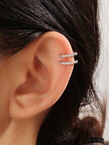 1pc Fashionable Luxury Rhinestone Inlaid Double-Layer Heart Clip-On Earrings For Women - Silver - View 1