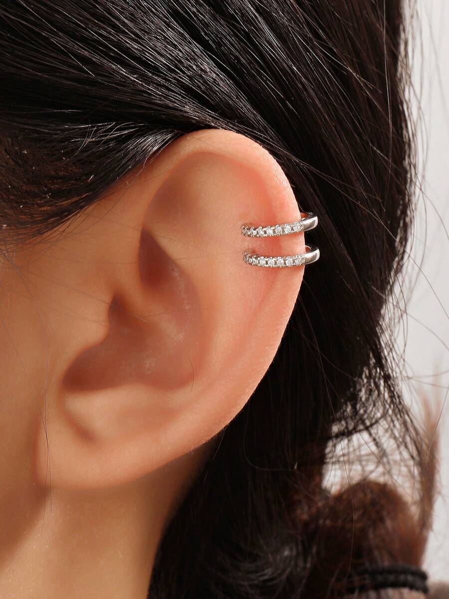 1pc Fashionable Luxury Rhinestone Inlaid Double-Layer Heart Clip-On Earrings For Women - Silver - View 1
