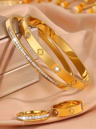 1/4 piezas Conjunto de pulsera y anillo de acero inoxidable con trébol y rhinestones, resistente al agua y a la decoloración, adecuado para uso diario de mujeres, regalo para vacaciones