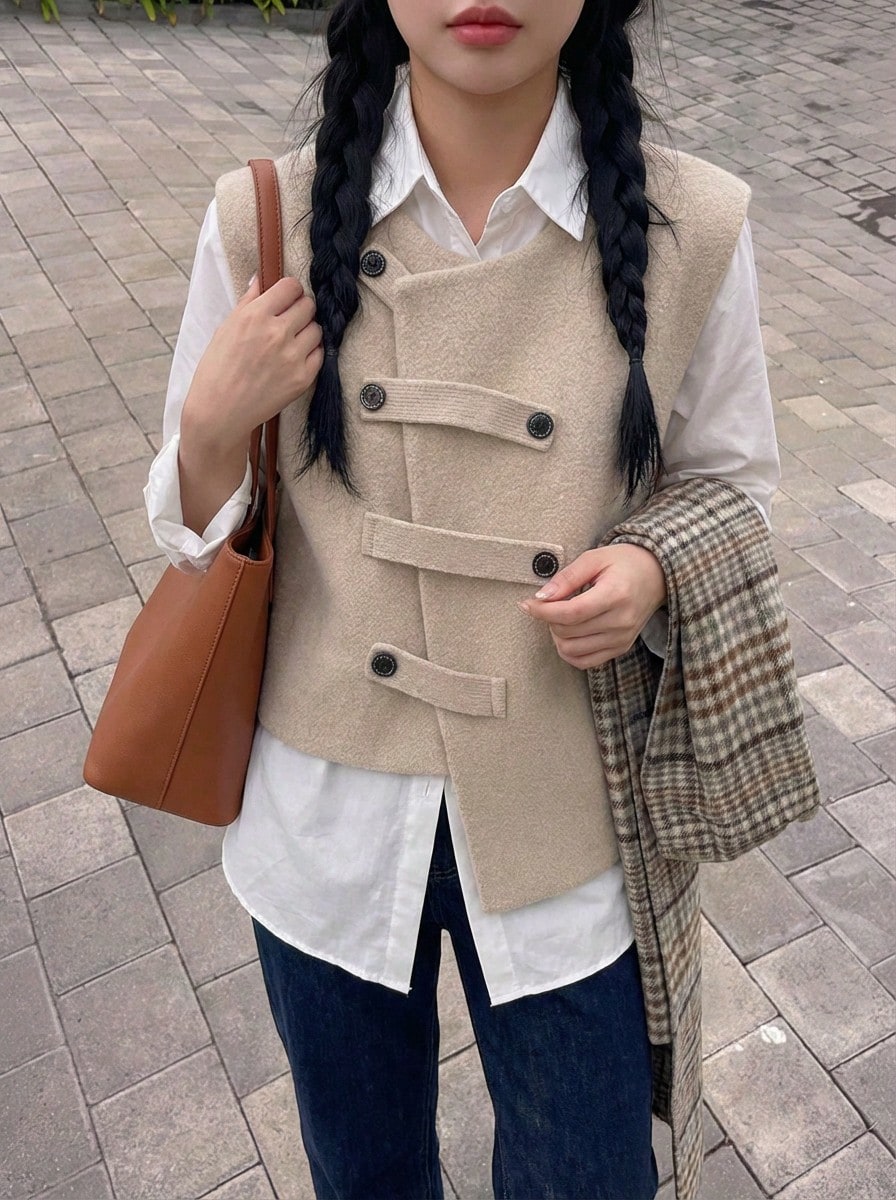 Rikumo Women's Spring Autumn Asymmetrical Buttoned Simple Knitted Sweater Vest Winter - Apricot - View 1